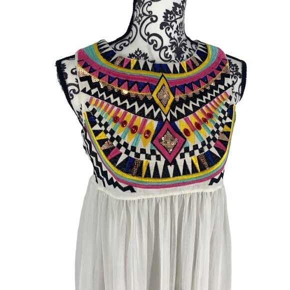 Vivi Party Embroidered Boho Maxi Dress White Sheer Taffeta Skirt Size Medium - Picture 3 of 10